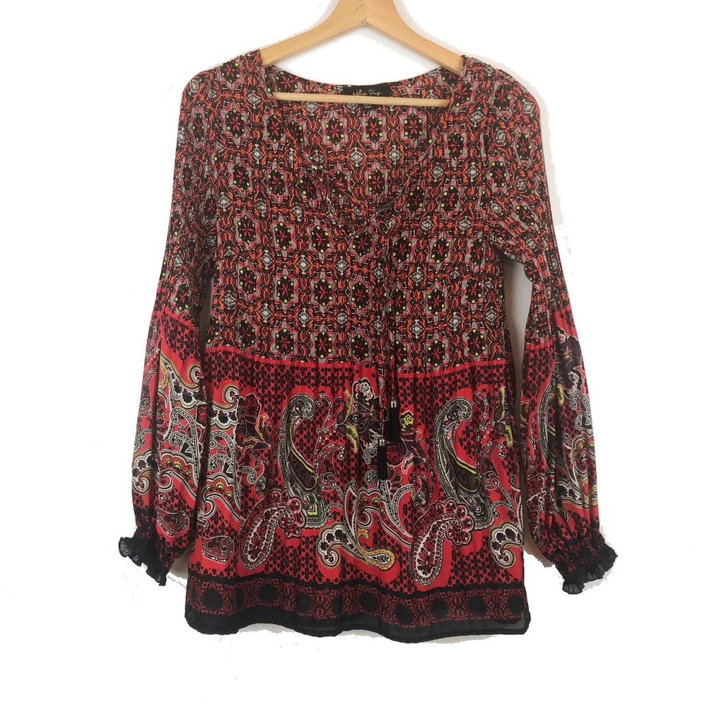 Melissa Paige Red Geometric Pleated Tie Front Blouse M